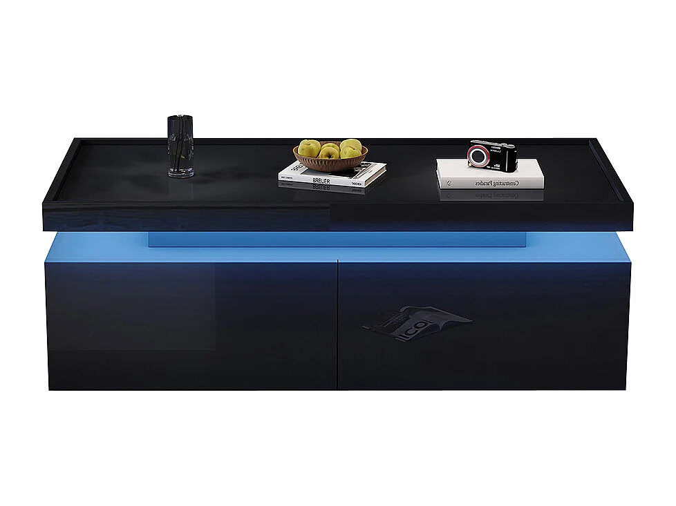 Table basse LED 95x45x35 cm 2 tiroirs brillante moderne minimaliste design géométrique noir
