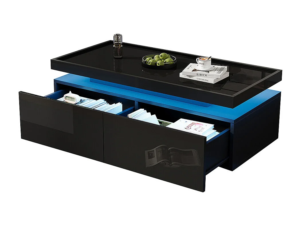 Table basse LED 95x45x35 cm 2 tiroirs brillante moderne minimaliste design géométrique noir