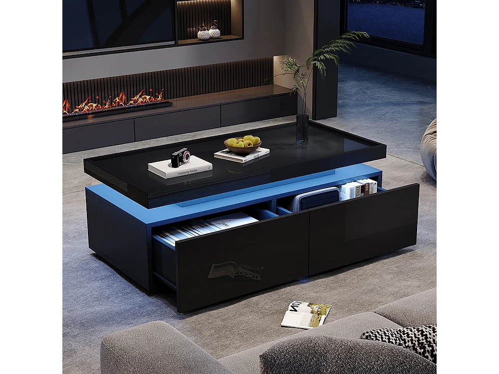 Table basse LED 95x45x35 cm 2 tiroirs brillante moderne minimaliste design géométrique noir