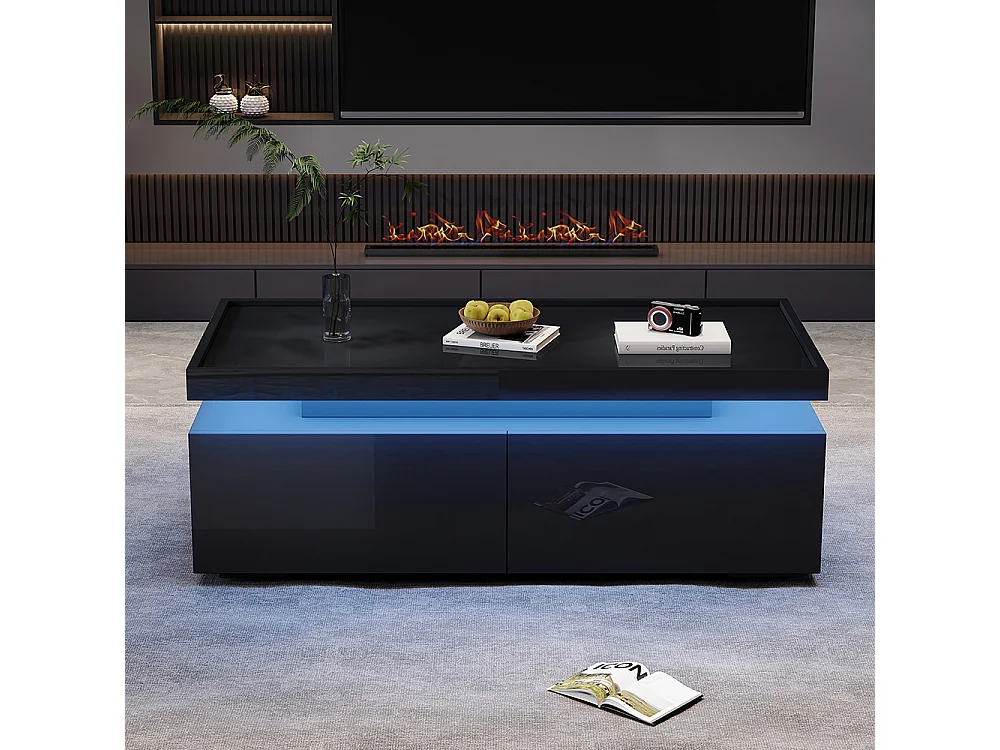 Table basse LED 95x45x35 cm 2 tiroirs brillante moderne minimaliste design géométrique noir