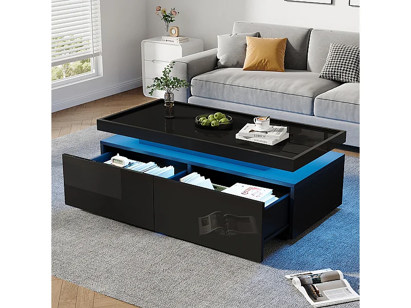 Table basse LED 95x45x35 cm 2 tiroirs brillante moderne minimaliste design géométrique noir