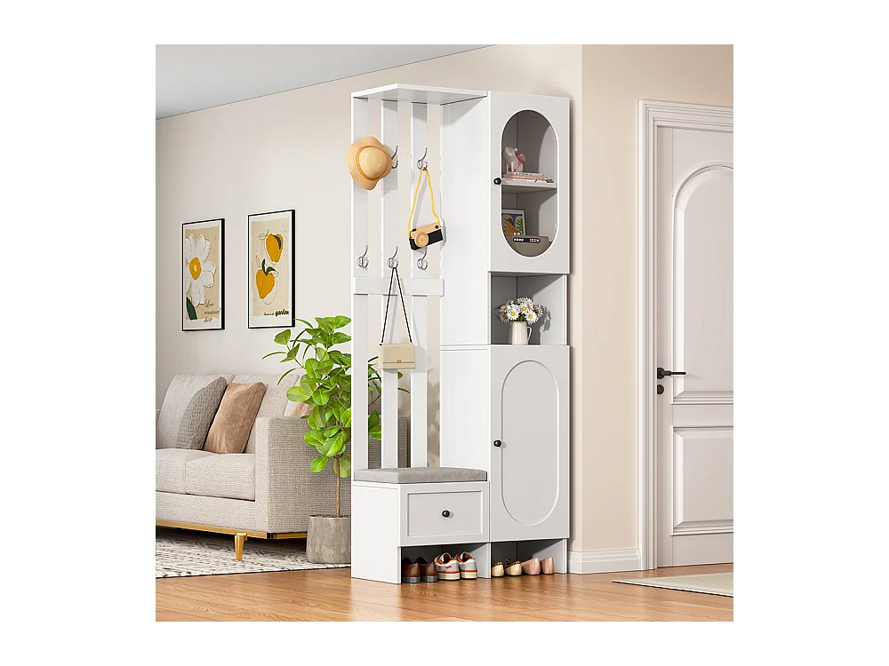 Vestiaire compact 2 armoires entrée rangement verre trempé portemanteau banc chaussures rembourrage blanc