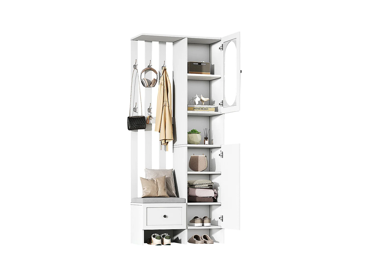 Vestiaire compact 2 armoires entrée rangement verre trempé portemanteau banc chaussures rembourrage blanc