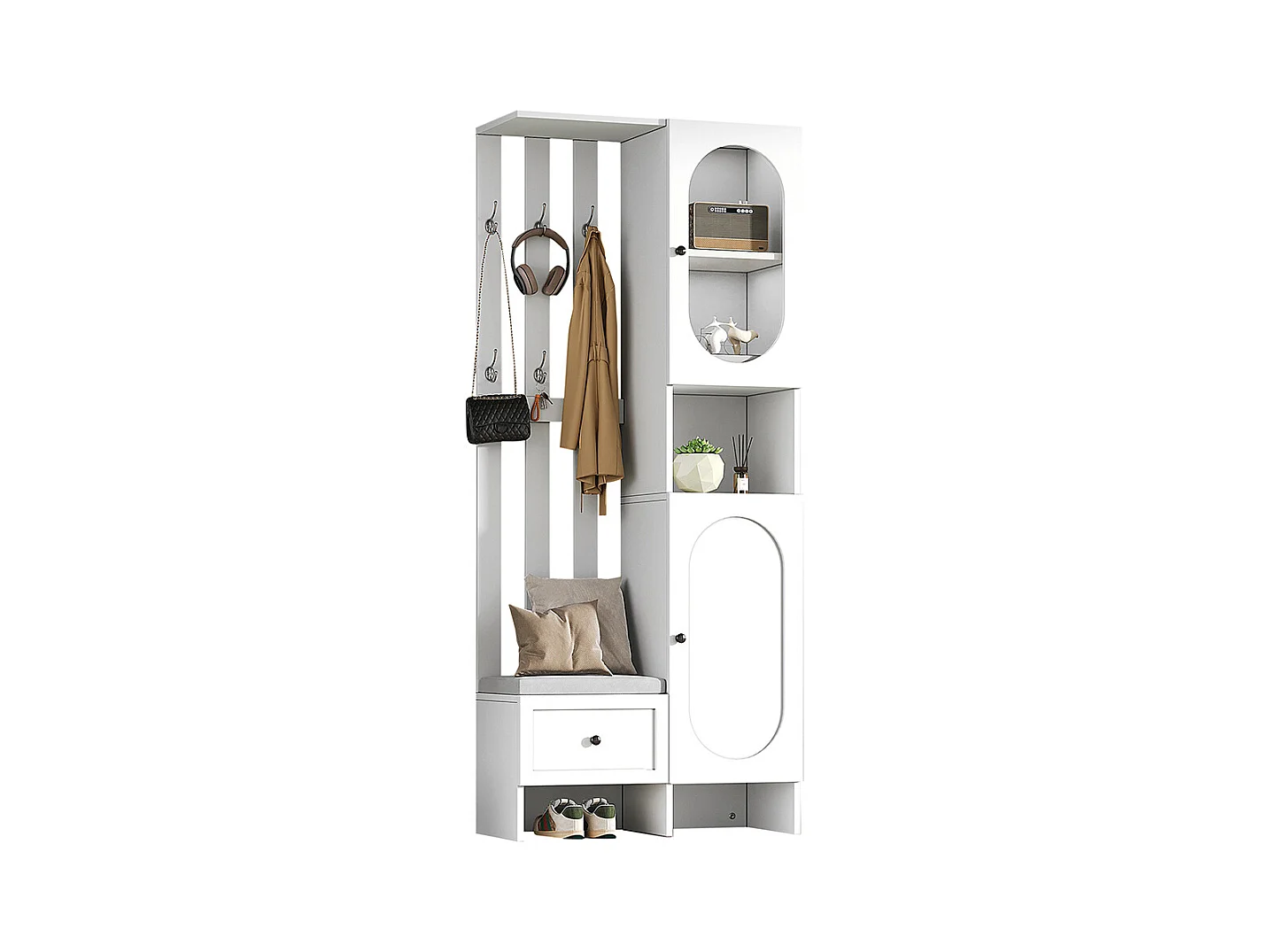 Vestiaire compact 2 armoires entrée rangement verre trempé portemanteau banc chaussures rembourrage blanc