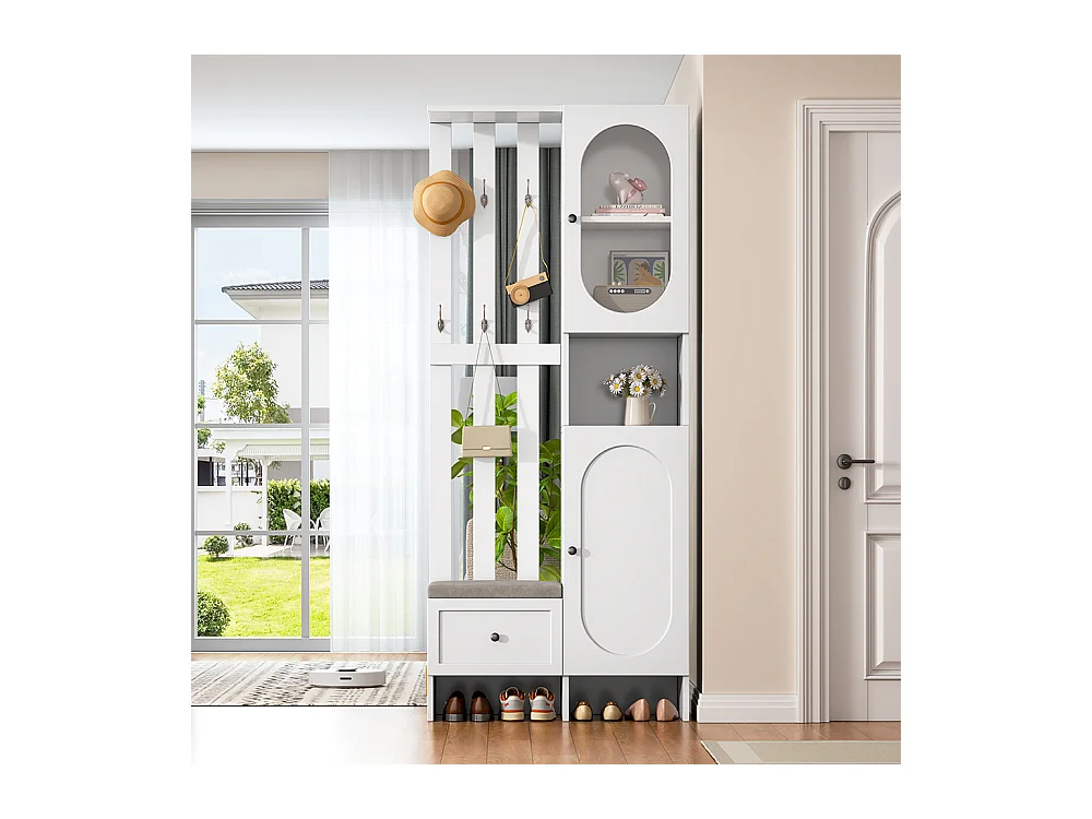 Vestiaire compact 2 armoires entrée rangement verre trempé portemanteau banc chaussures rembourrage blanc