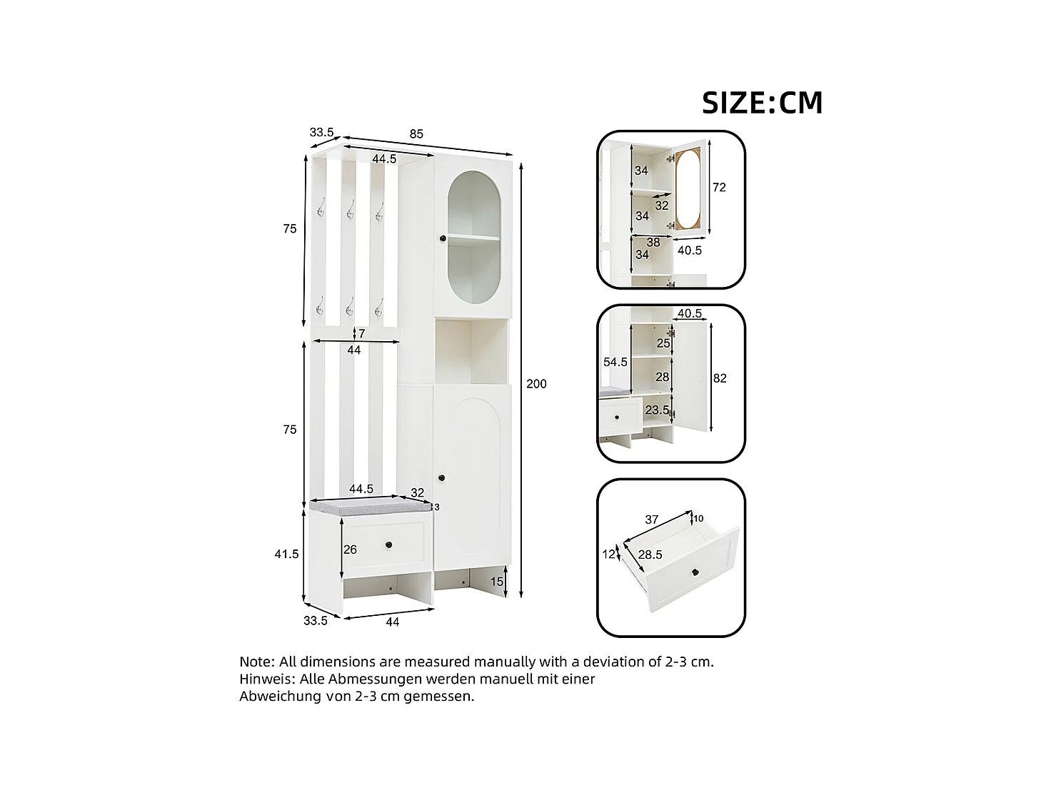 Vestiaire compact 2 armoires entrée rangement verre trempé portemanteau banc chaussures rembourrage blanc