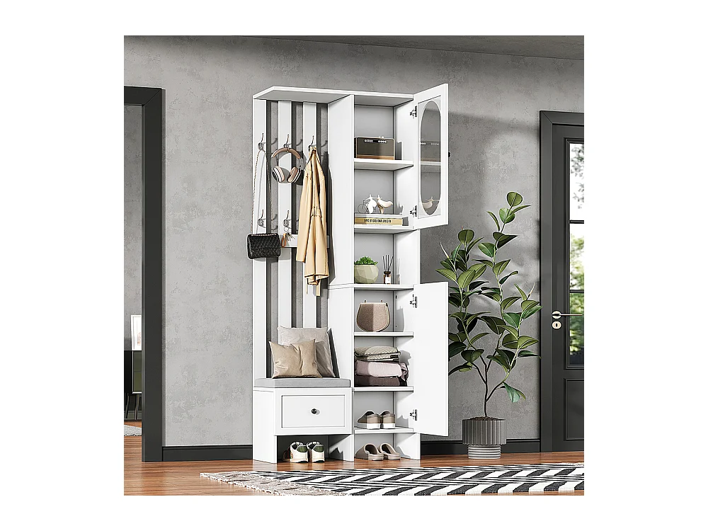 Vestiaire compact 2 armoires entrée rangement verre trempé portemanteau banc chaussures rembourrage blanc