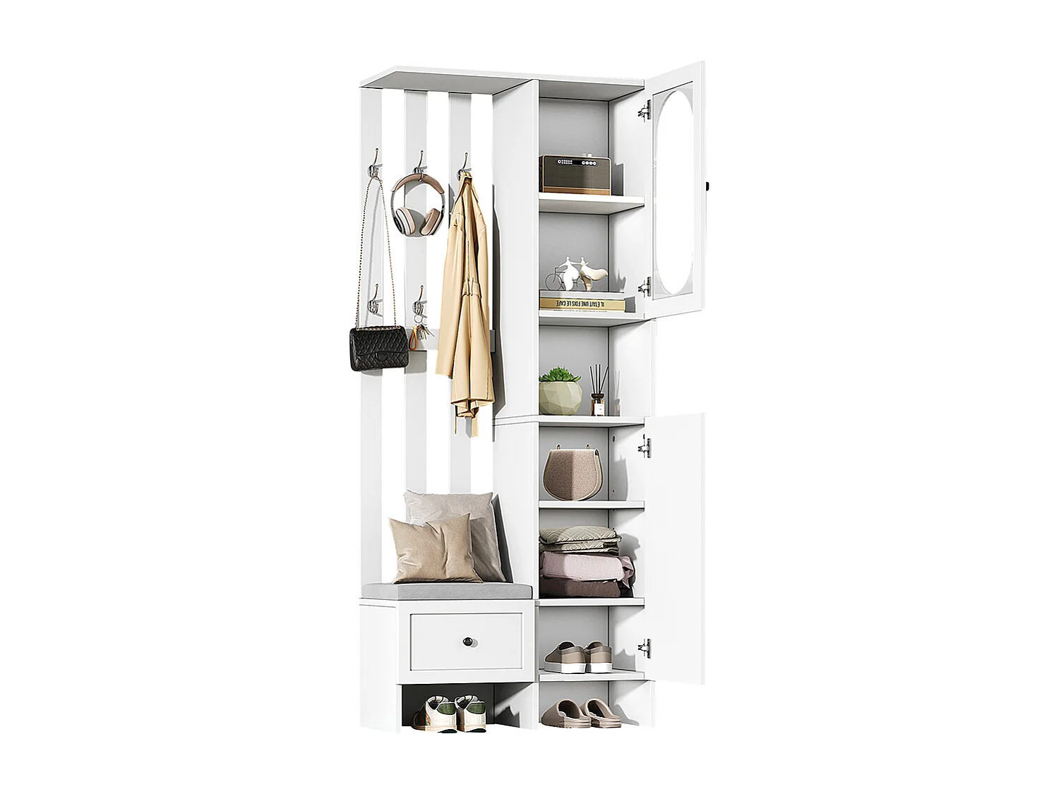 Vestiaire compact 2 armoires entrée rangement verre trempé portemanteau banc chaussures rembourrage blanc