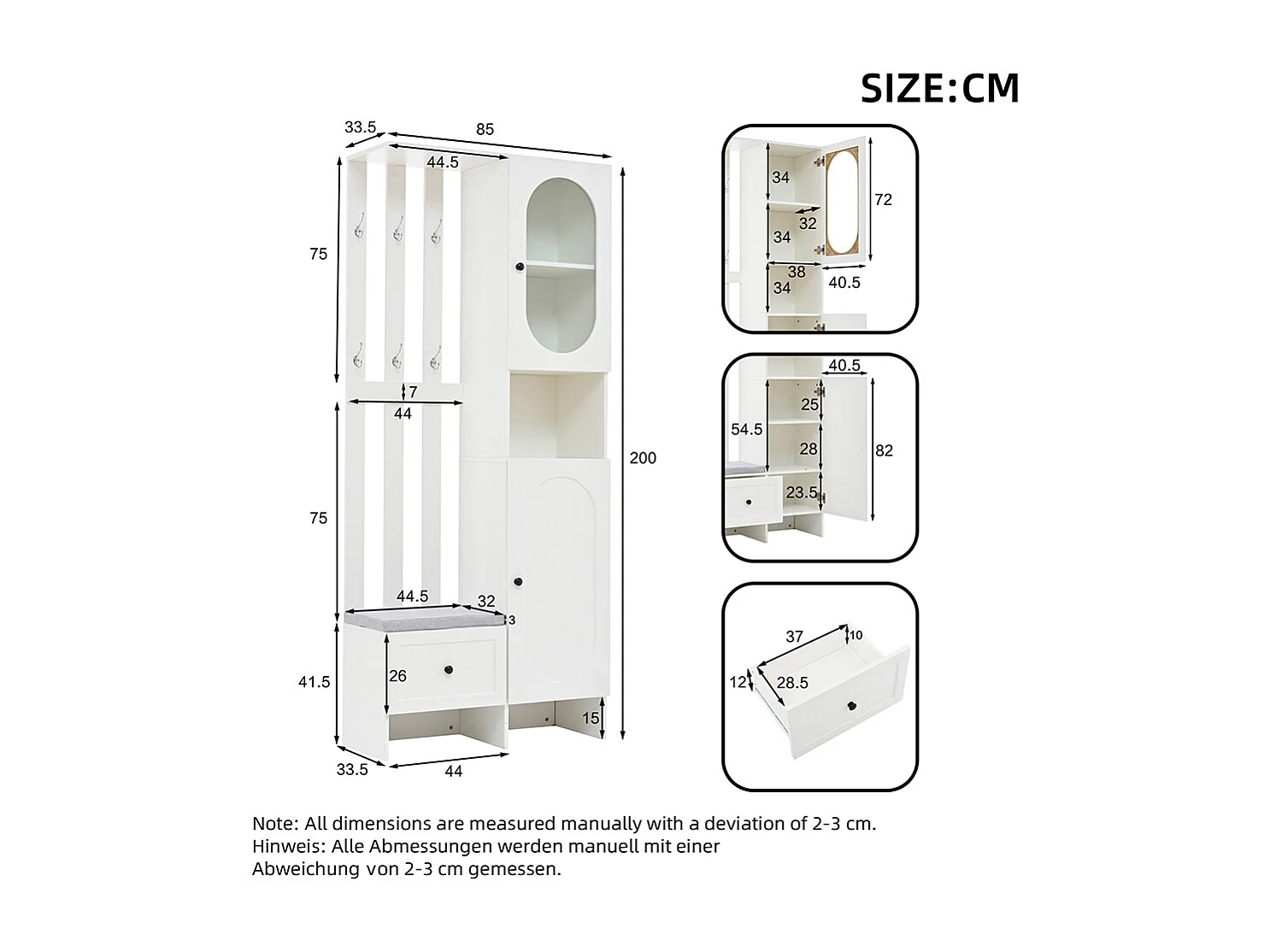 Vestiaire compact 2 armoires entrée rangement verre trempé portemanteau banc chaussures rembourrage blanc