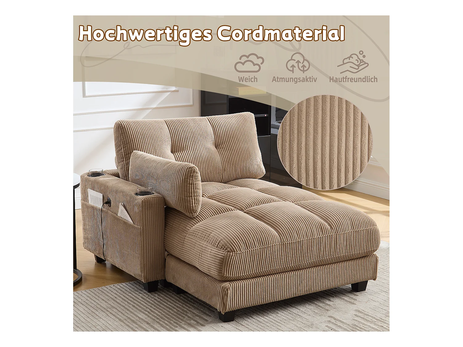 Sofá estofado - 140 x 112 x 81 cm - corrimãos com almofadas de enrolar - veludo - cáqui