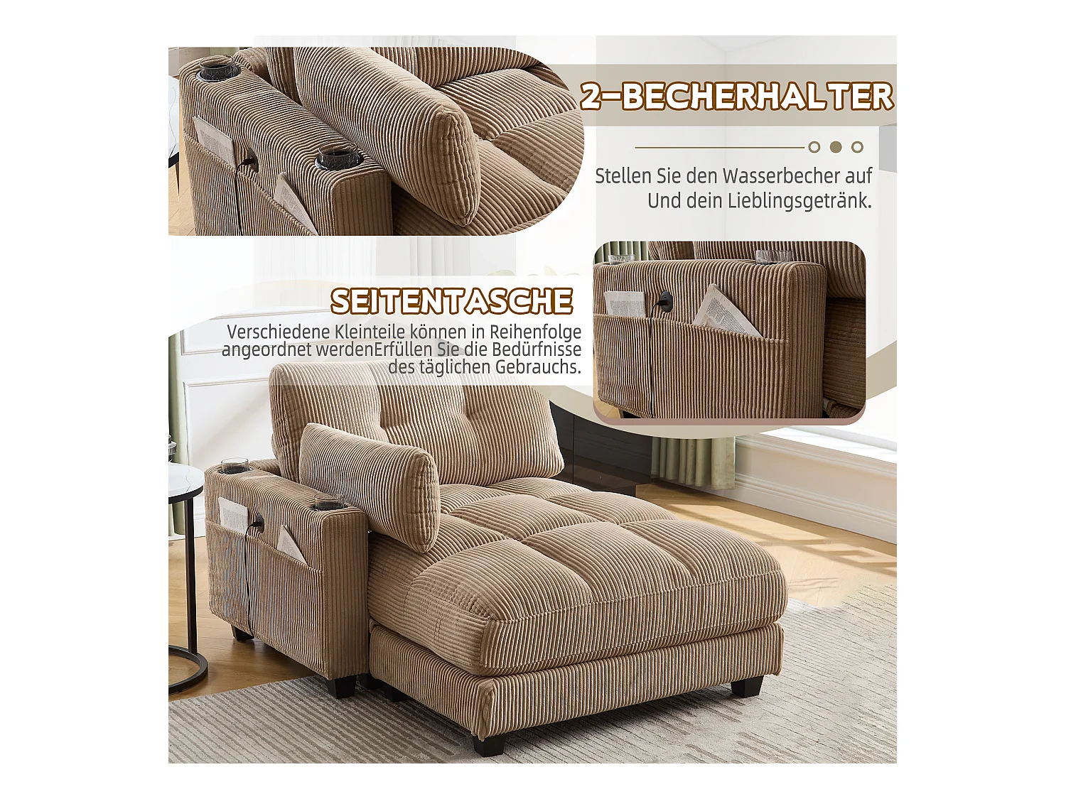 Sofá estofado - 140 x 112 x 81 cm - corrimãos com almofadas de enrolar - veludo - cáqui