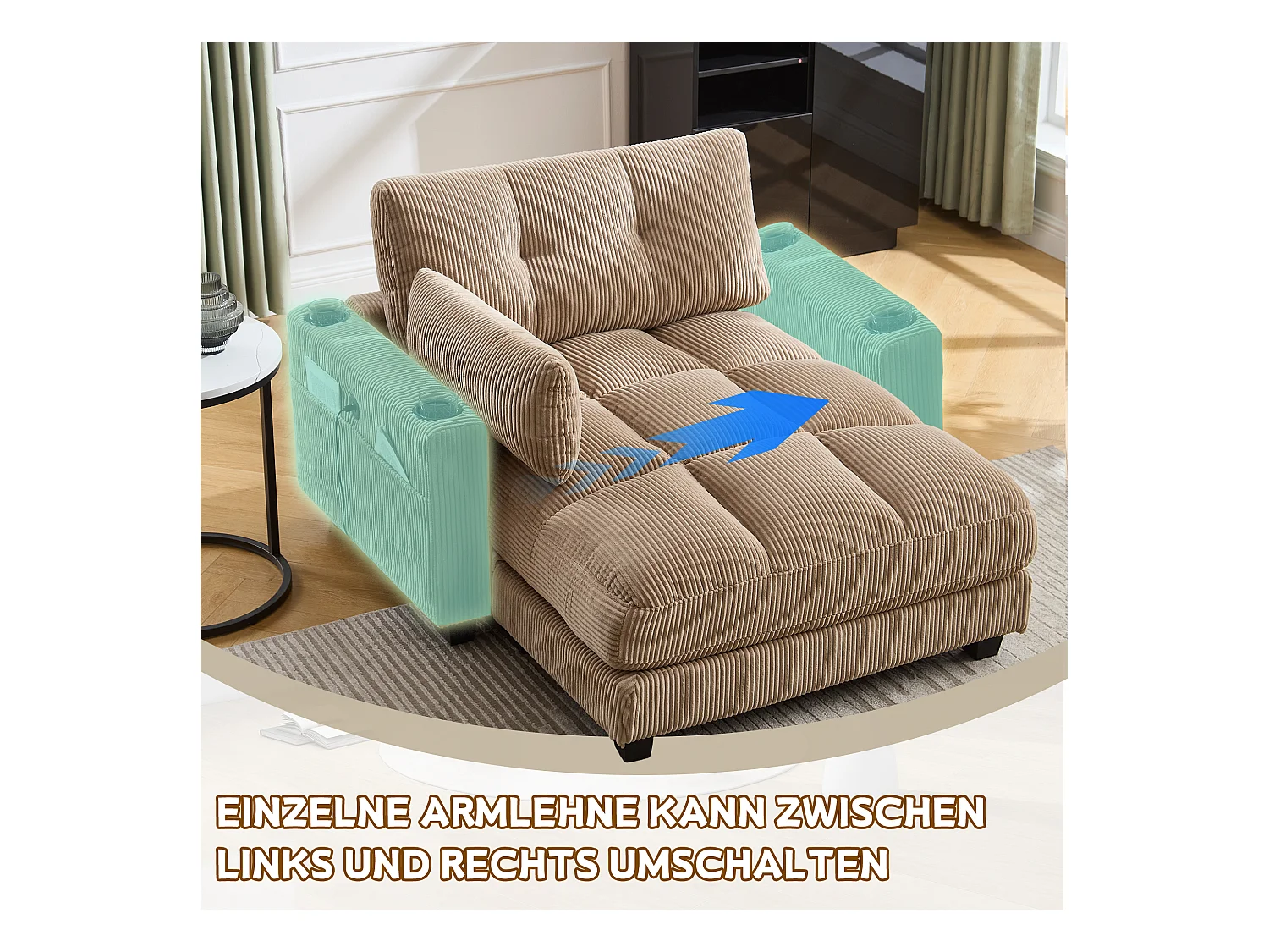 Sofá estofado - 140 x 112 x 81 cm - corrimãos com almofadas de enrolar - veludo - cáqui