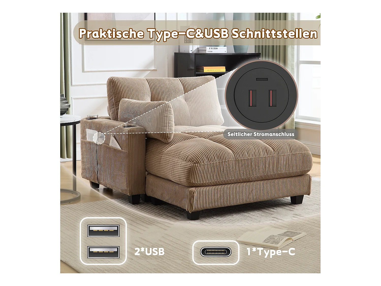 Sofá estofado - 140 x 112 x 81 cm - corrimãos com almofadas de enrolar - veludo - cáqui