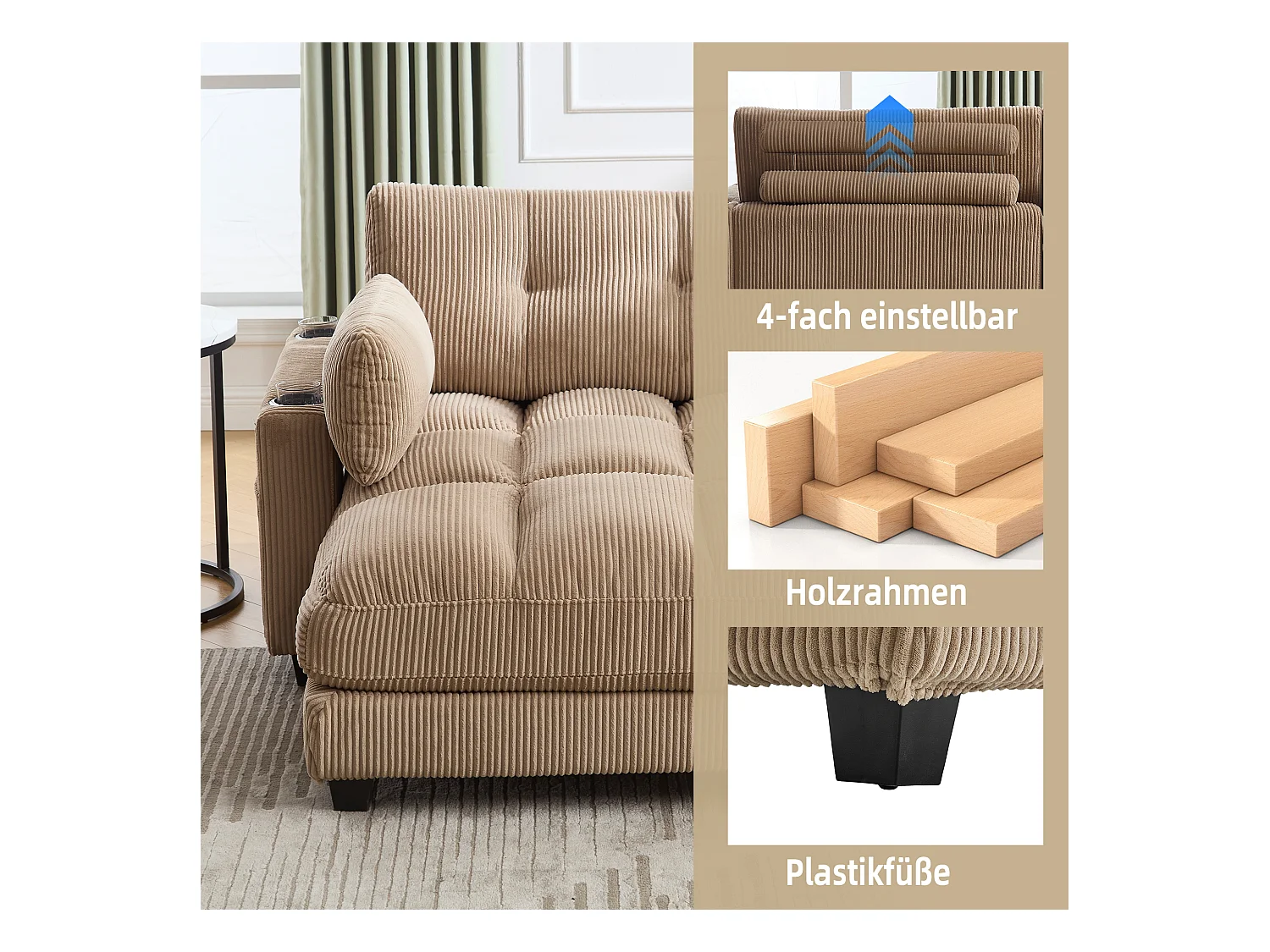 Sofá estofado - 140 x 112 x 81 cm - corrimãos com almofadas de enrolar - veludo - cáqui