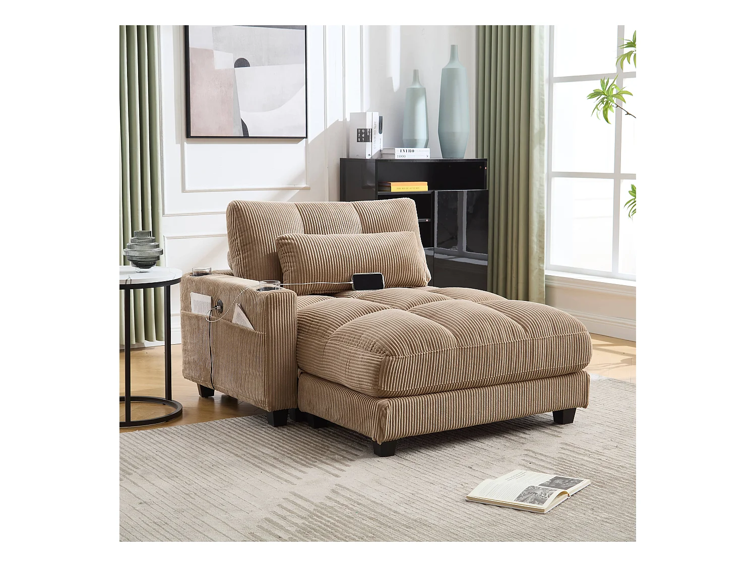 Sofá estofado - 140 x 112 x 81 cm - corrimãos com almofadas de enrolar - veludo - cáqui