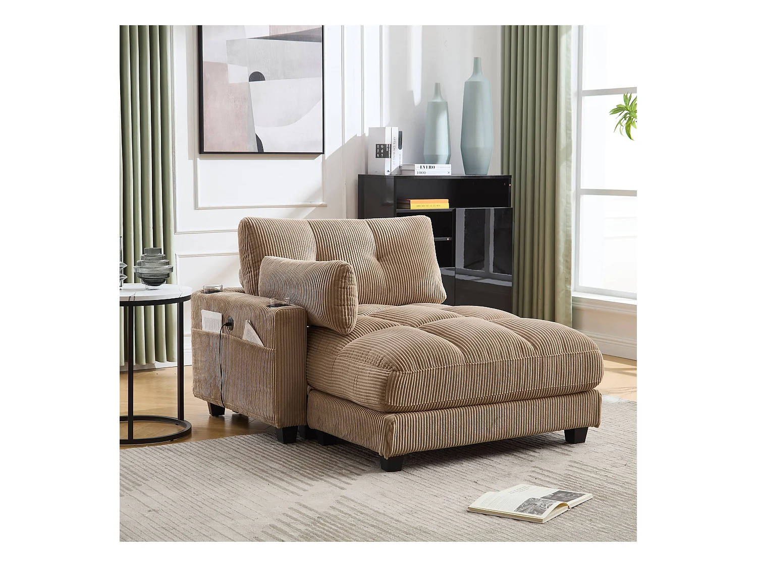Polstersofa - 140 x 112 x 81 cm - Handläufe mit Rollkissen - Samt - Khaki