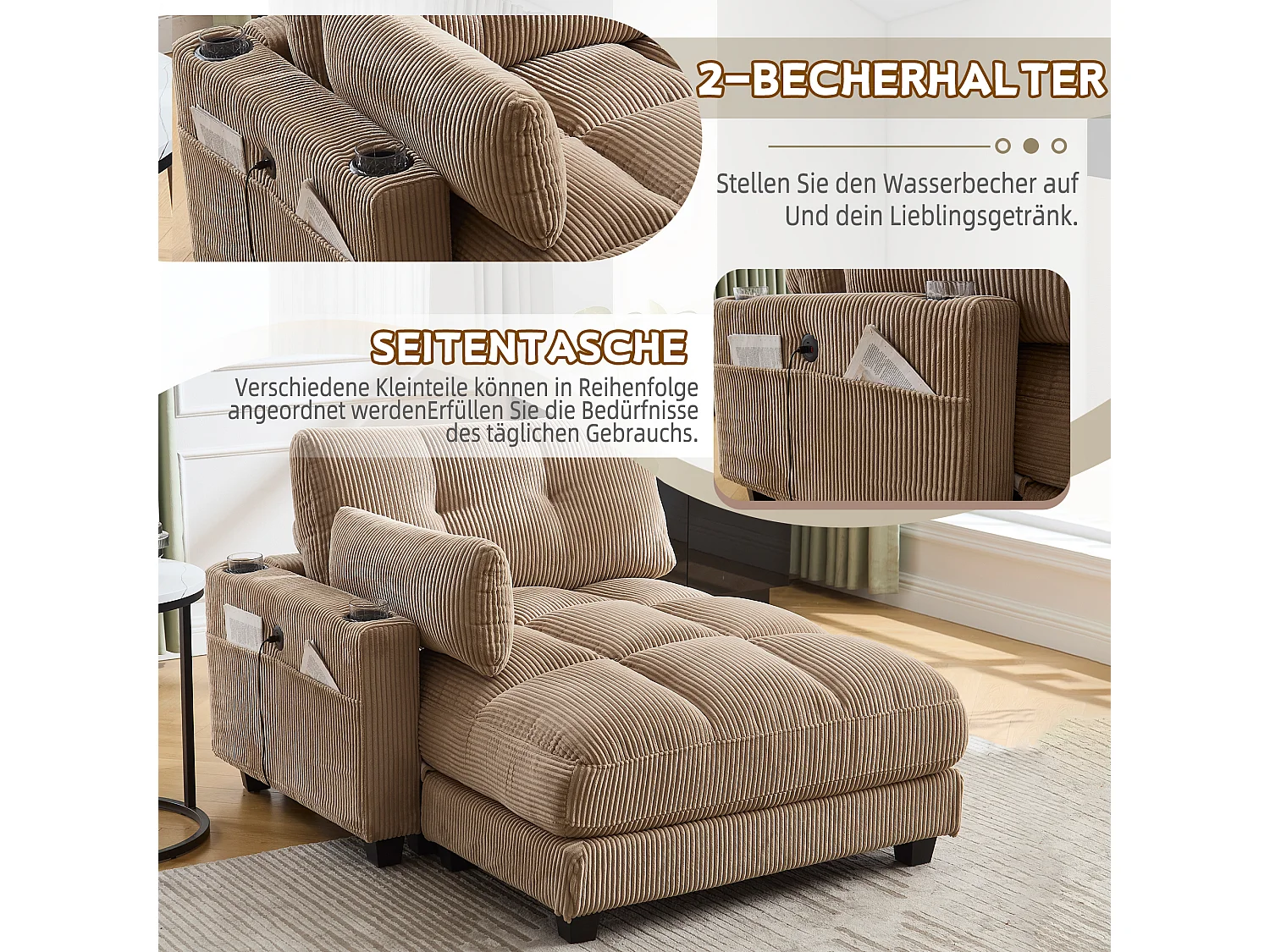 Polstersofa - 140 x 112 x 81 cm - Handläufe mit Rollkissen - Samt - Khaki