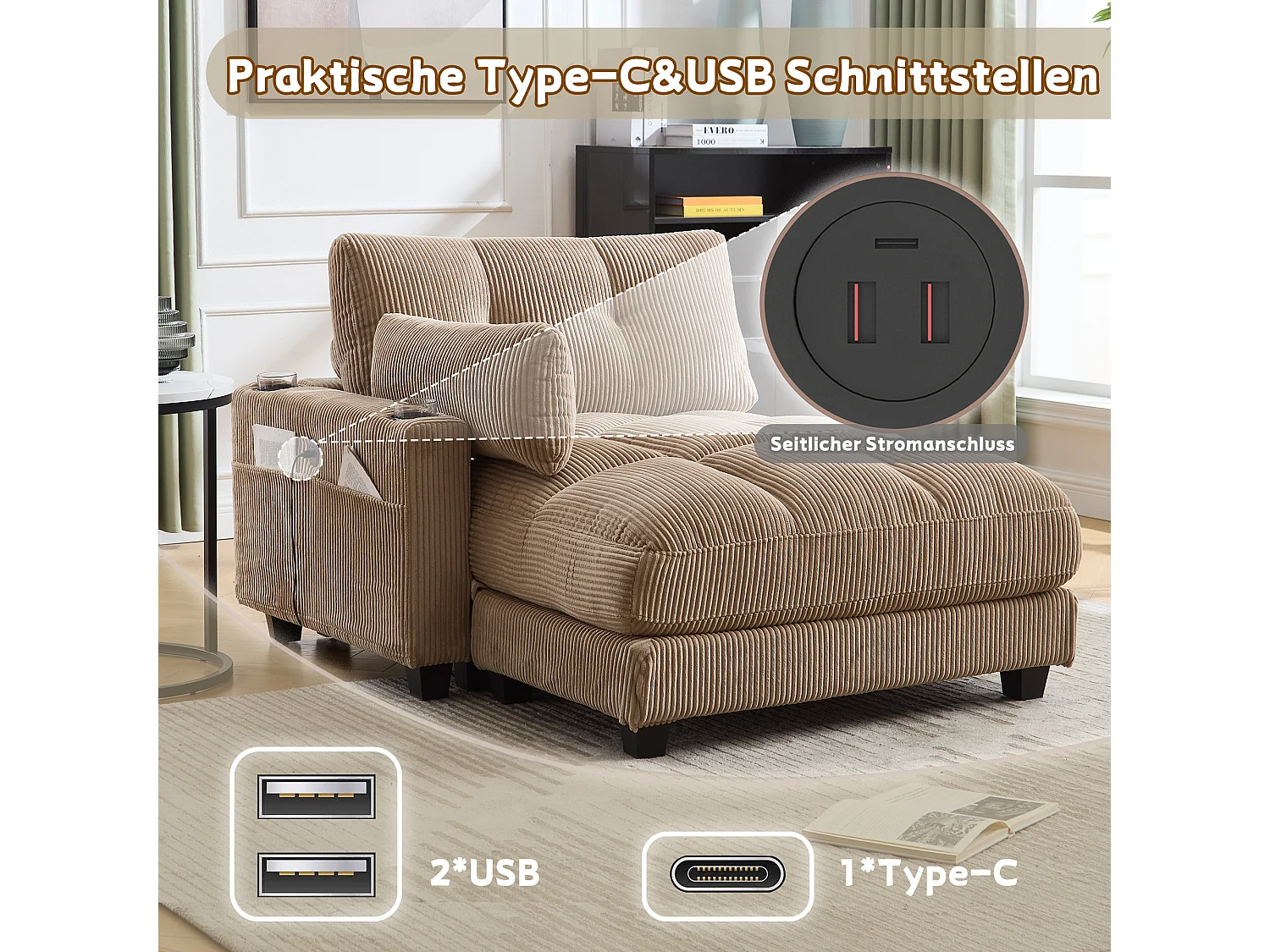 Polstersofa - 140 x 112 x 81 cm - Handläufe mit Rollkissen - Samt - Khaki