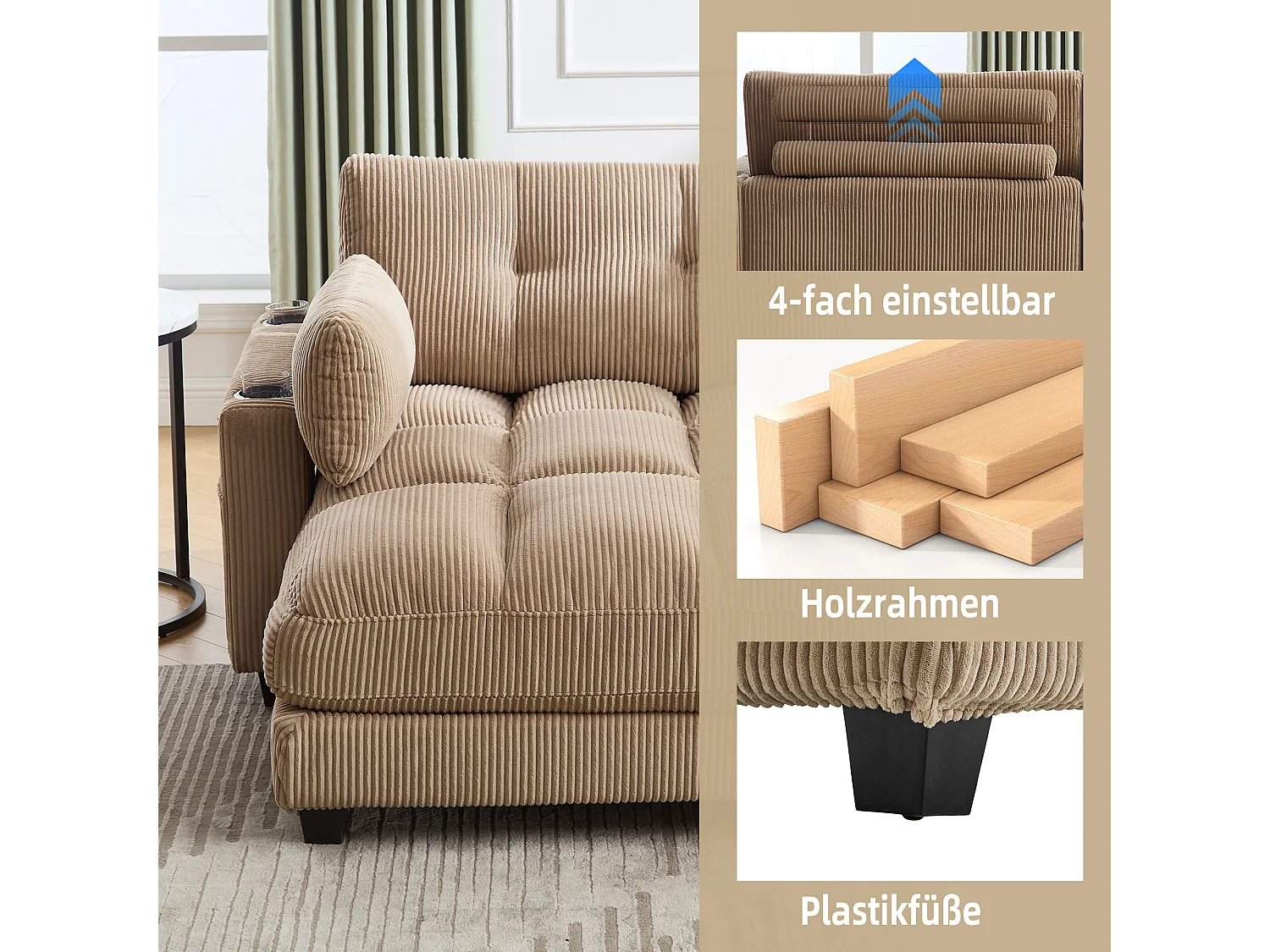 Polstersofa - 140 x 112 x 81 cm - Handläufe mit Rollkissen - Samt - Khaki