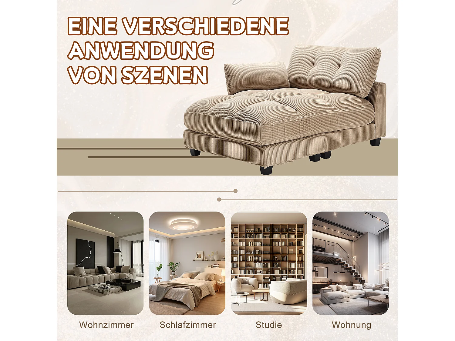 Polstersofa - 140 x 112 x 81 cm - Handläufe mit Rollkissen - Samt - Khaki