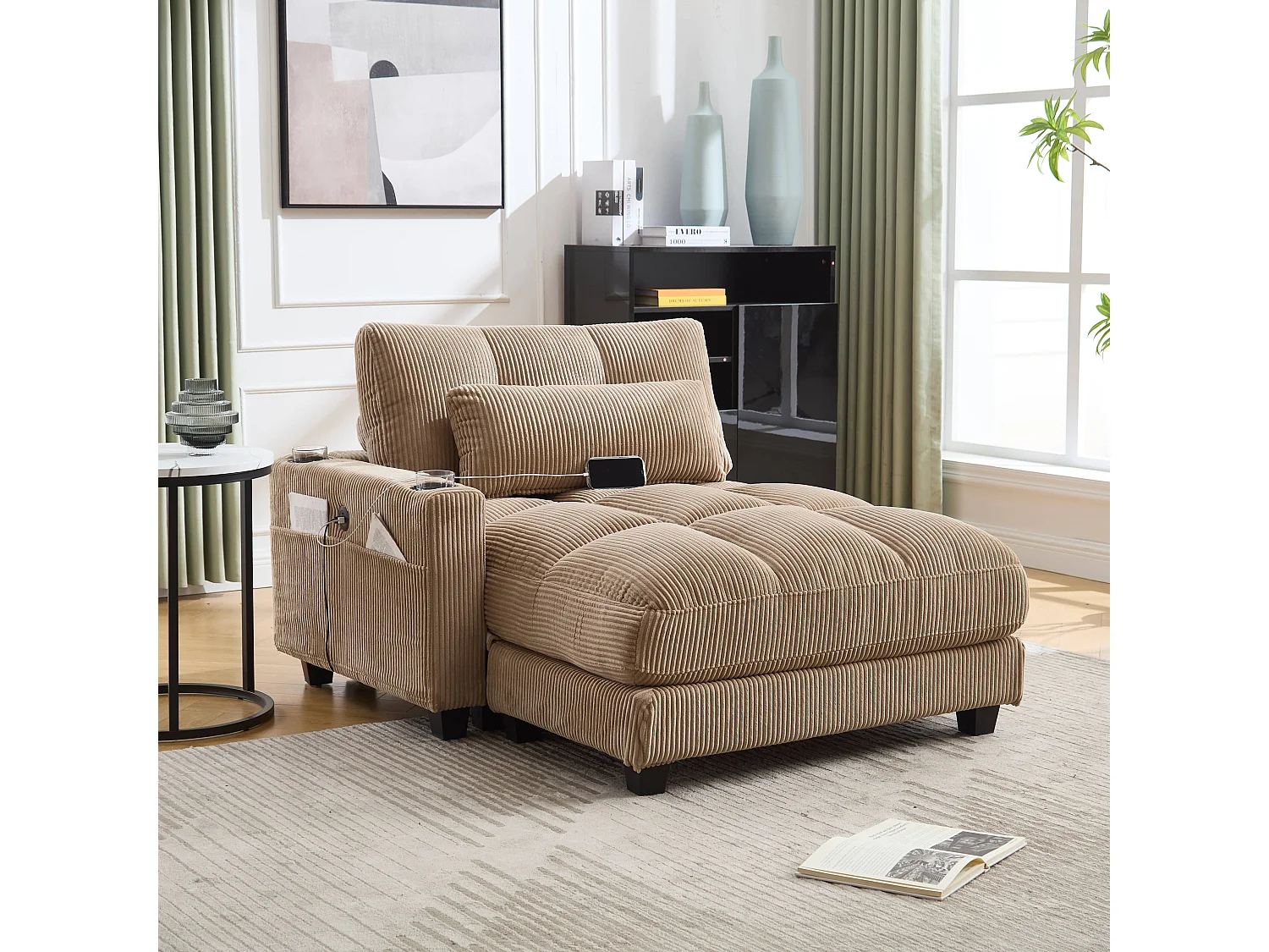 Polstersofa - 140 x 112 x 81 cm - Handläufe mit Rollkissen - Samt - Khaki