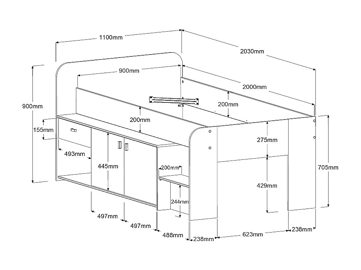 Lit mi-hauteur 90 x 190/200 cm avec rangements – Beige et naturel - LUNOBI