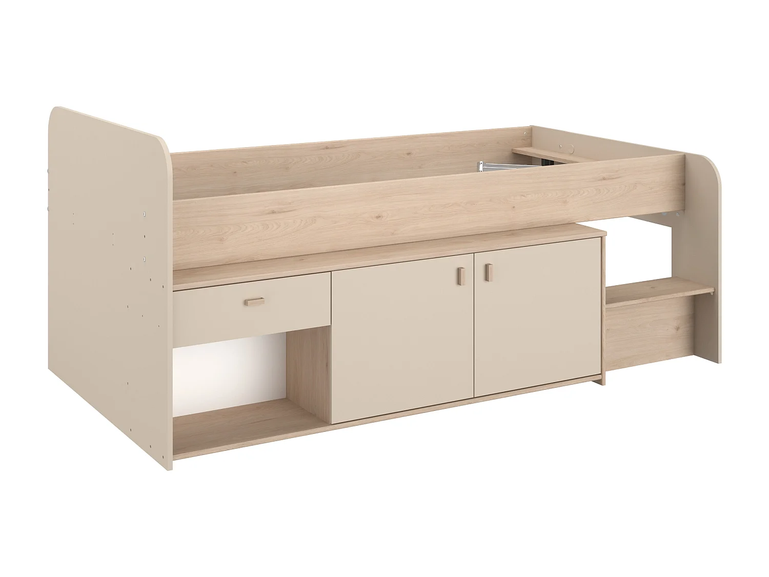 Lit mi-hauteur 90 x 190/200 cm avec rangements – Beige et naturel - LUNOBI