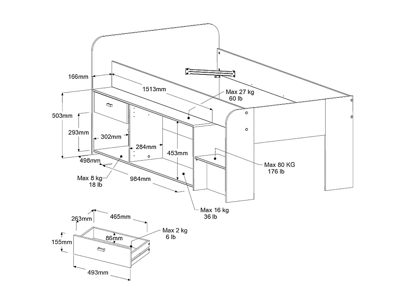 Lit mi-hauteur 90 x 190/200 cm avec rangements – Beige et naturel - LUNOBI