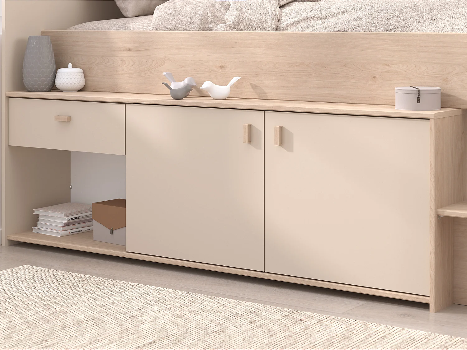 Lit mi-hauteur 90 x 190/200 cm avec rangements – Beige et naturel - LUNOBI