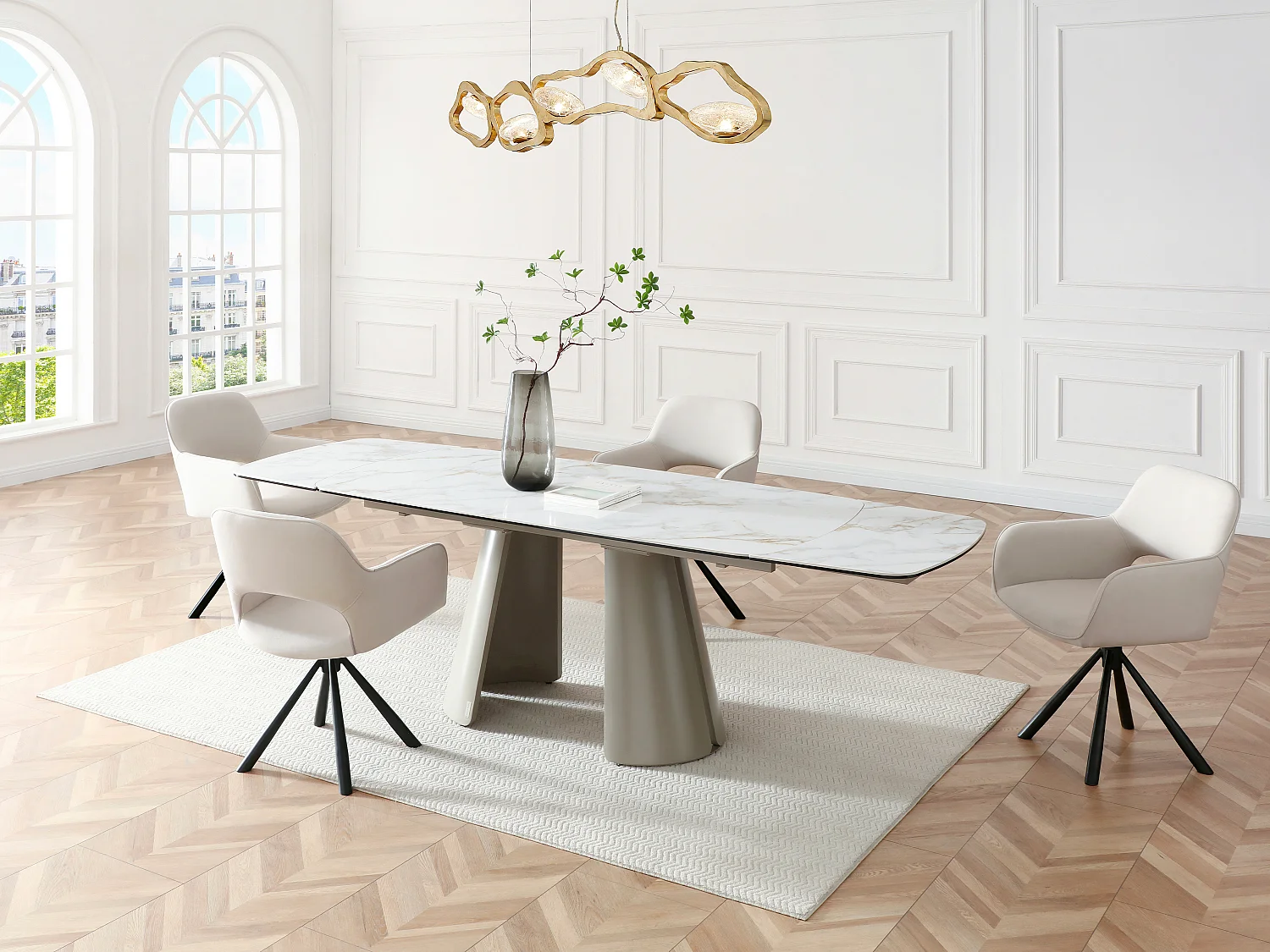 Table à manger extensible 6 à 10 personnes en céramique, verre trempé et métal - Effet marbre blanc et beige - BIRFIRA de Maison Céphy