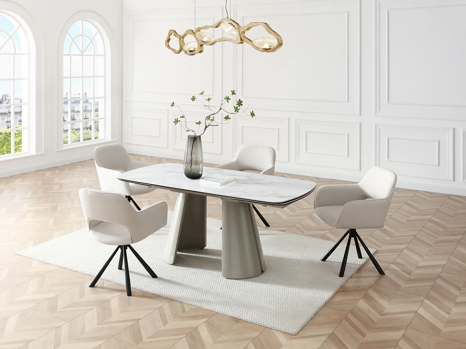 Table à manger extensible 6 à 10 personnes en céramique, verre trempé et métal - Effet marbre blanc et beige - BIRFIRA de Maison Céphy