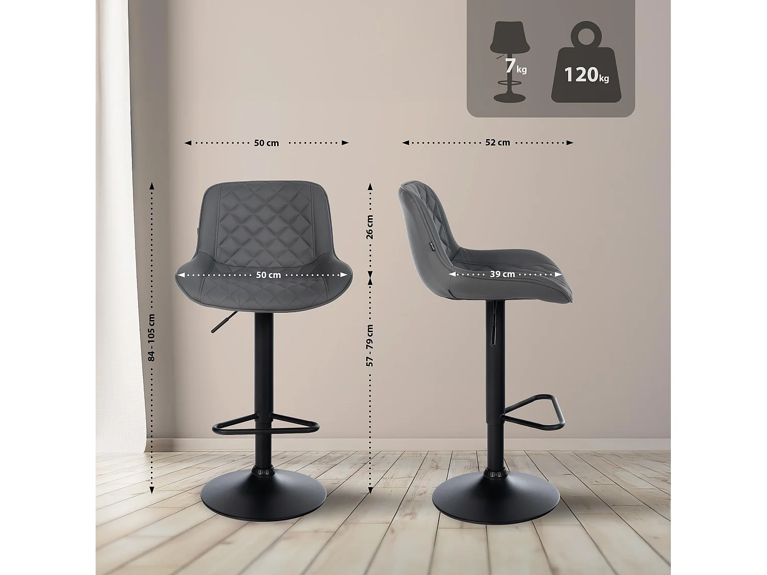 Lot de 2  Tabouret de bar - Similicuir - Gris - Kasson