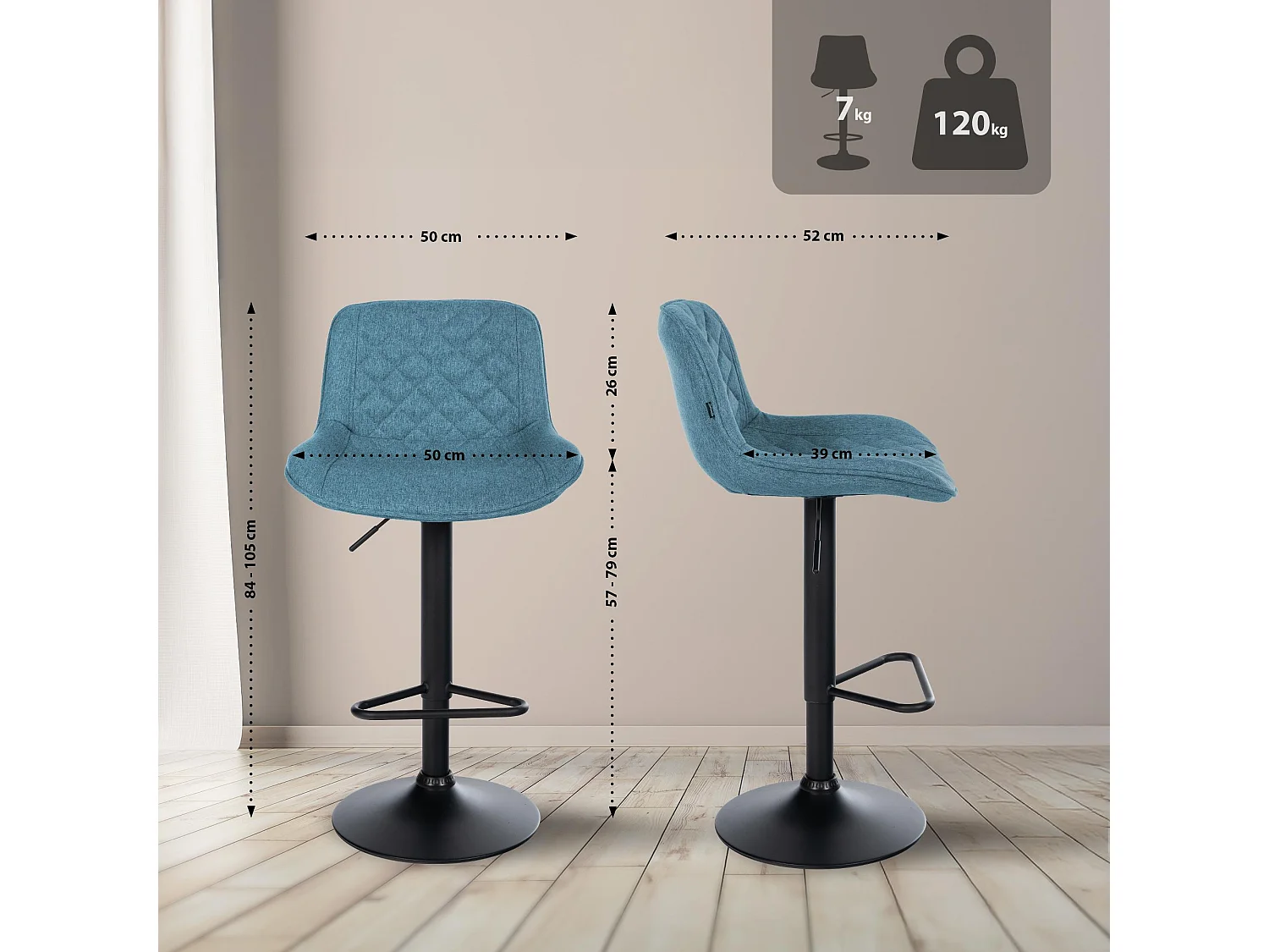 Lot de 2  Tabouret de bar - Tissu - Bleu - Kasson