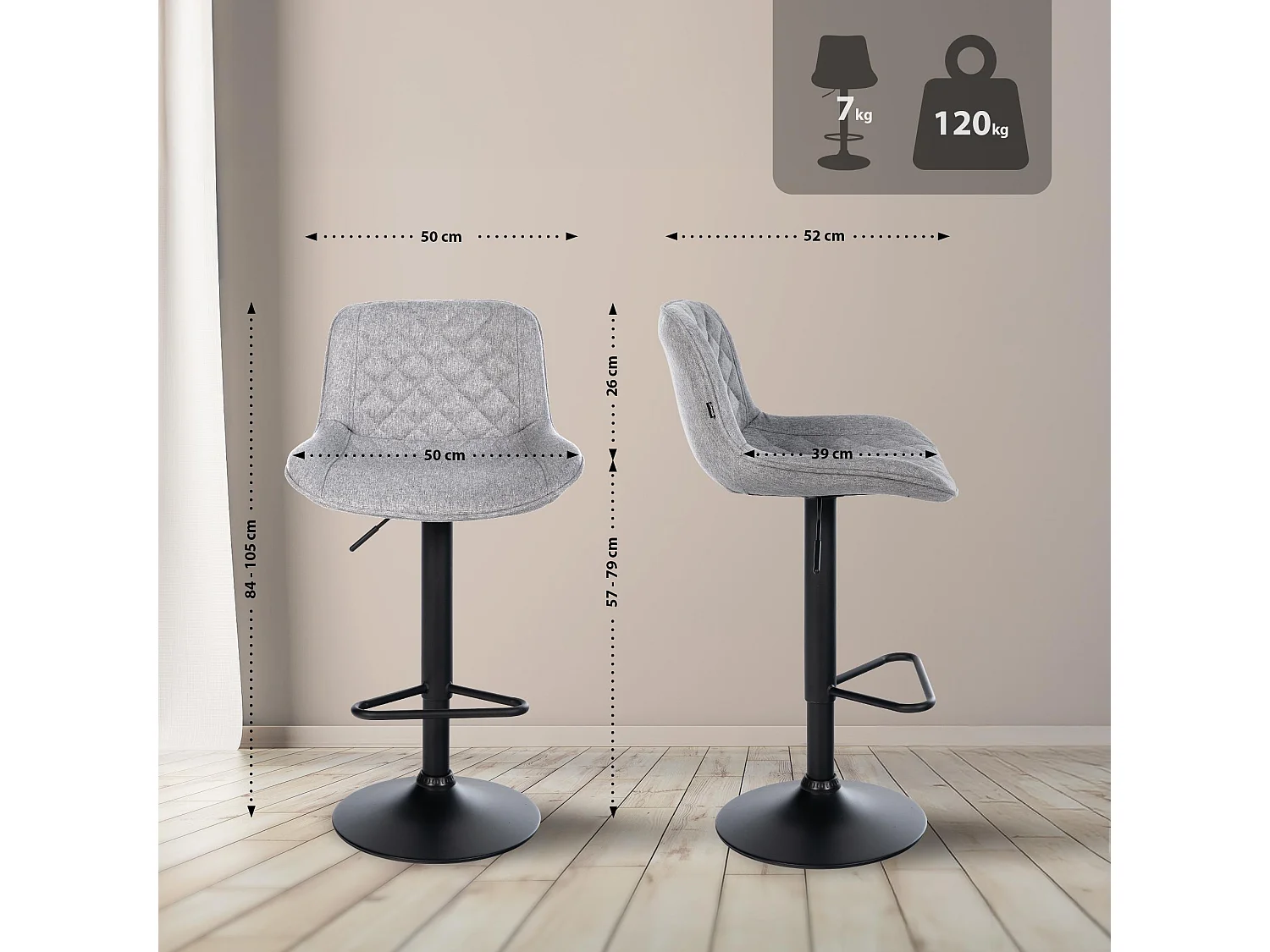 Lot de 2  Tabouret de bar - Tissu - Gris - Kasson