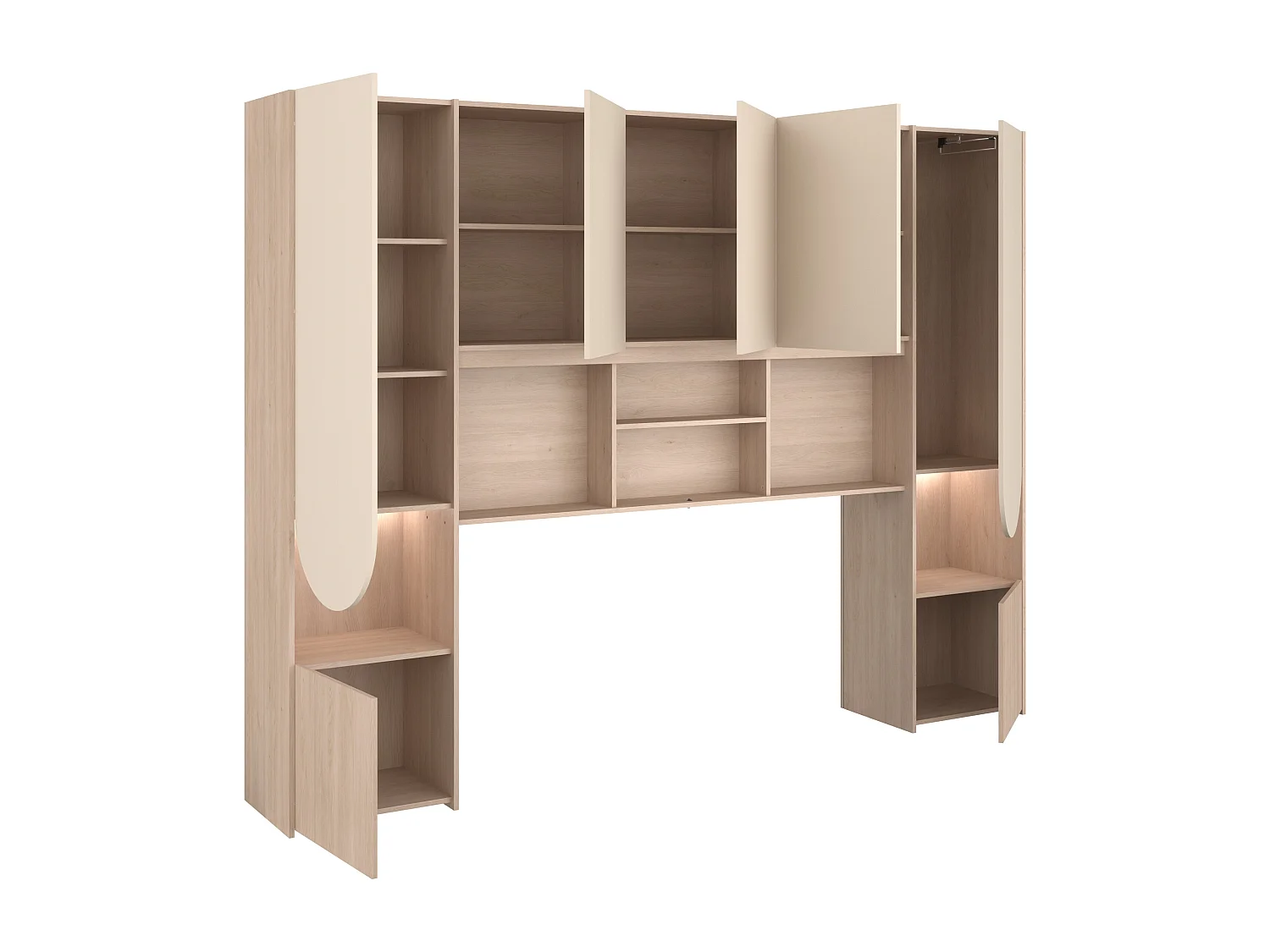 Pont de lit avec rangements – Avec LEDs – L266 cm – Beige et naturel - DOMELITO