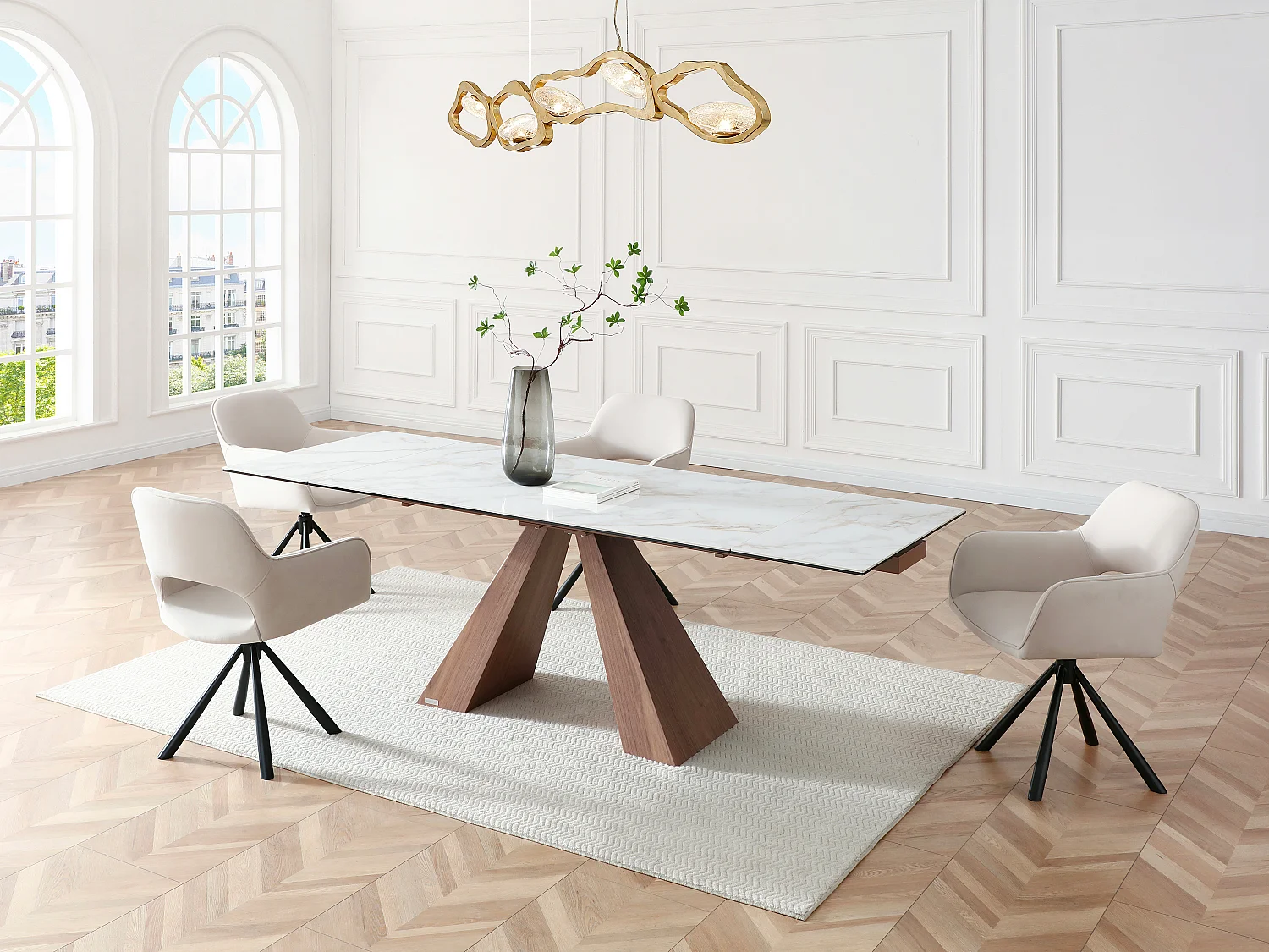 Table à manger extensible 6 à 10 personnes en céramique, verre trempé et placage noyer - Effet marbre blanc - LOZIPA de Maison Céphy
