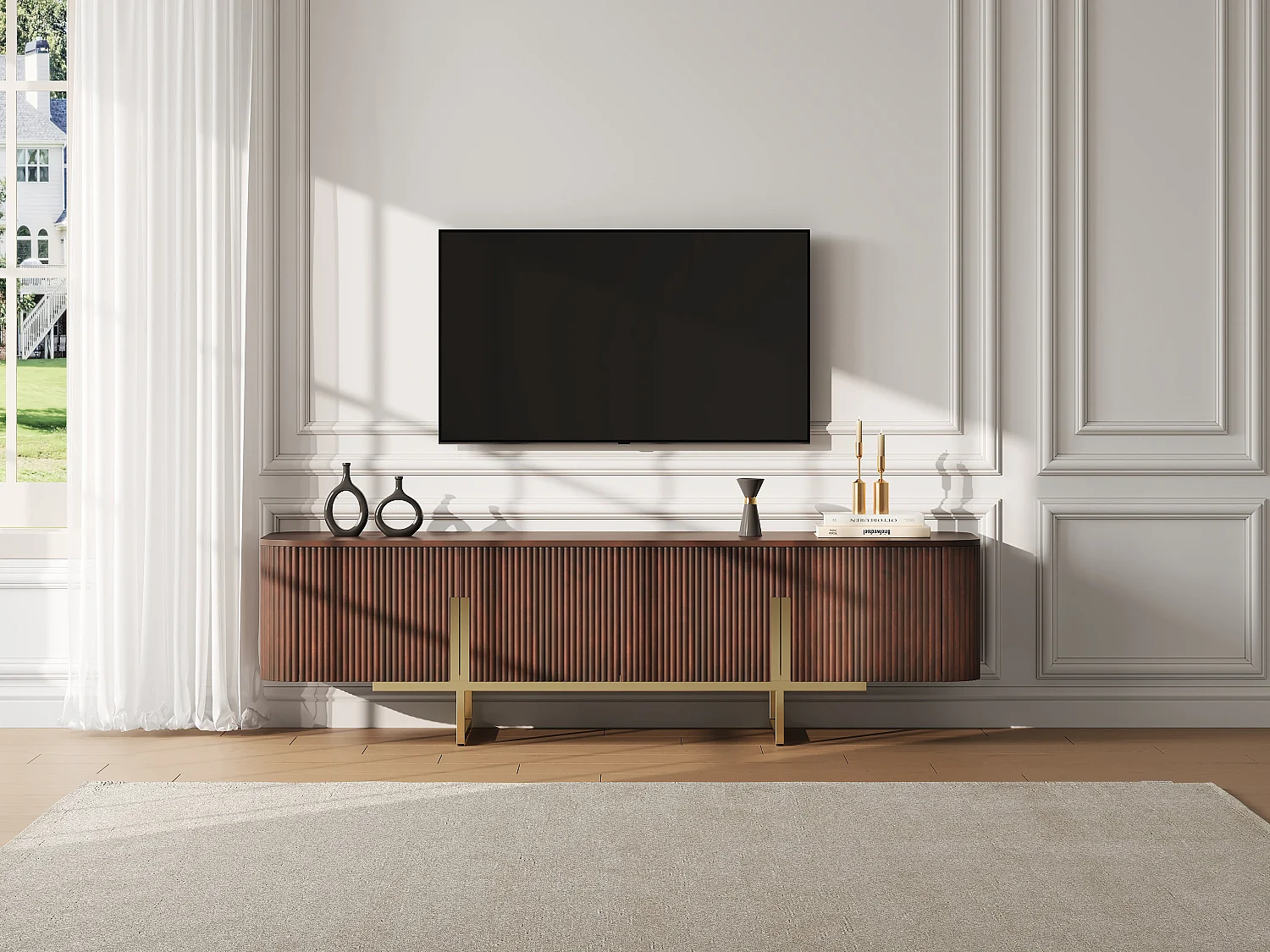 Meuble TV avec 4 portes en bois de manguier et métal doré - Naturel foncé - DOLIYA de Maison Céphy