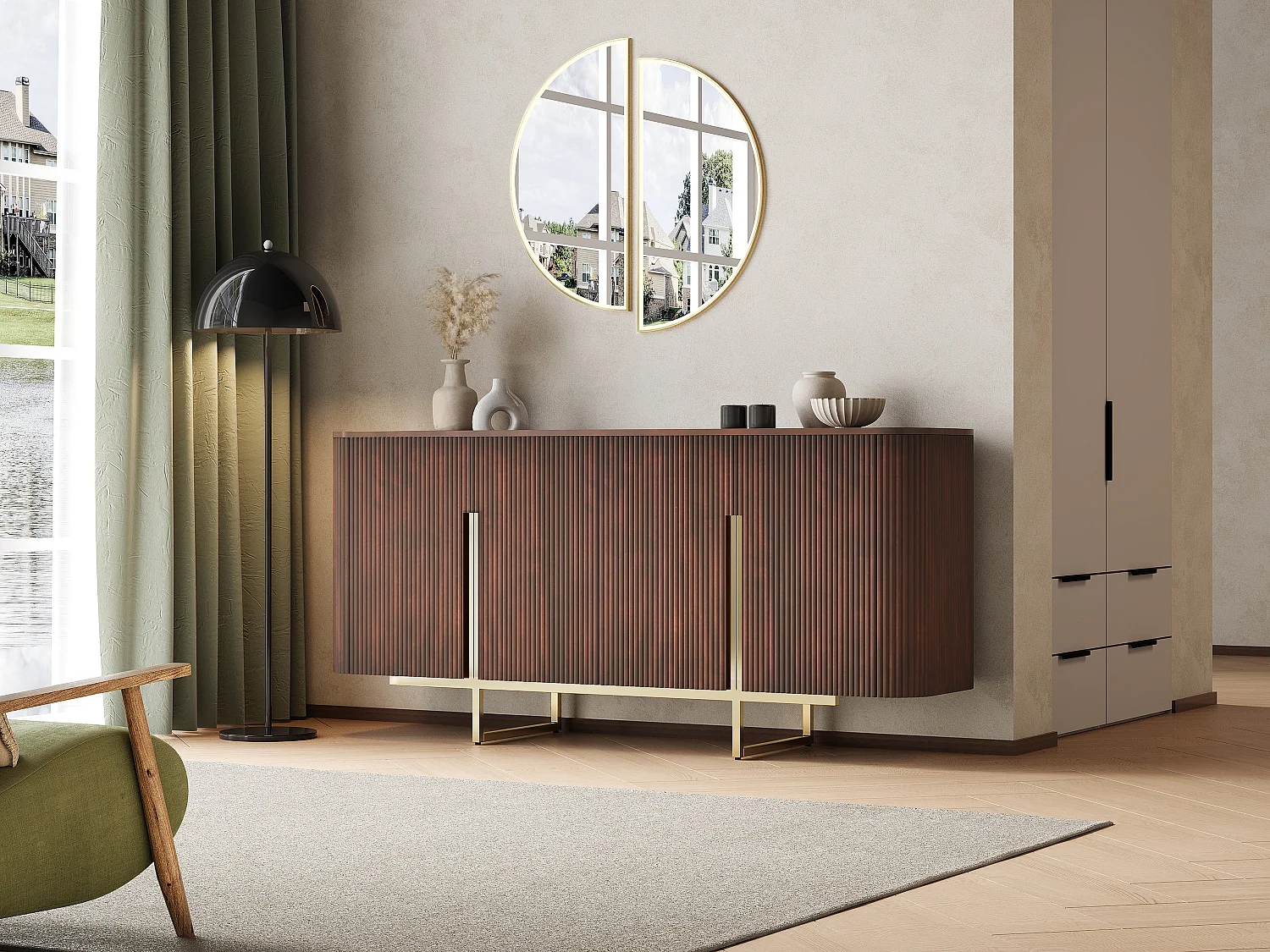 Buffet avec 4 portes en bois de manguier et métal doré - Naturel foncé - DOLIYA de Maison Céphy