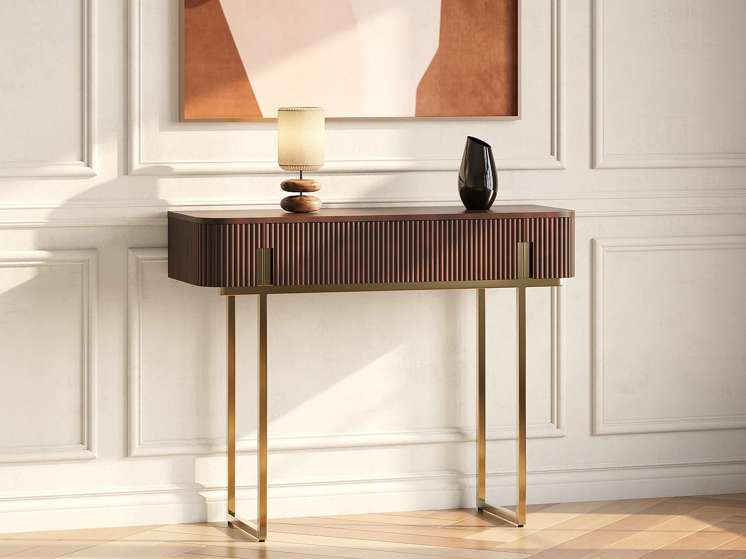 Console avec 1 tiroir en bois de manguier et métal doré - Naturel foncé - DOLIYA de Maison Céphy