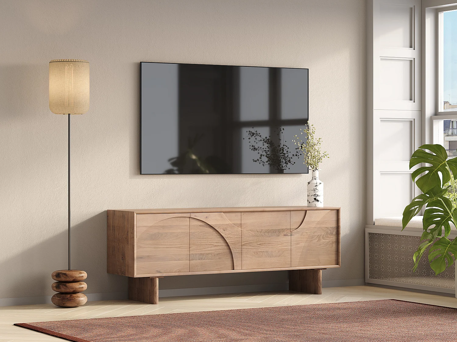 Meuble TV avec 4 portes en bois de manguier - Naturel clair - BERLAMA de Maison Céphy