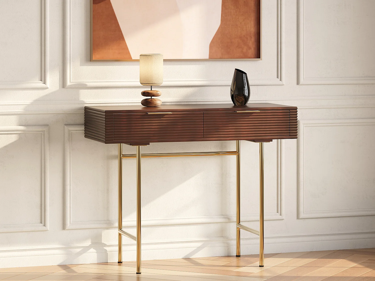 Console avec 2 tiroirs en bois de manguier et métal doré - Naturel foncé - SORDANA de Maison Céphy