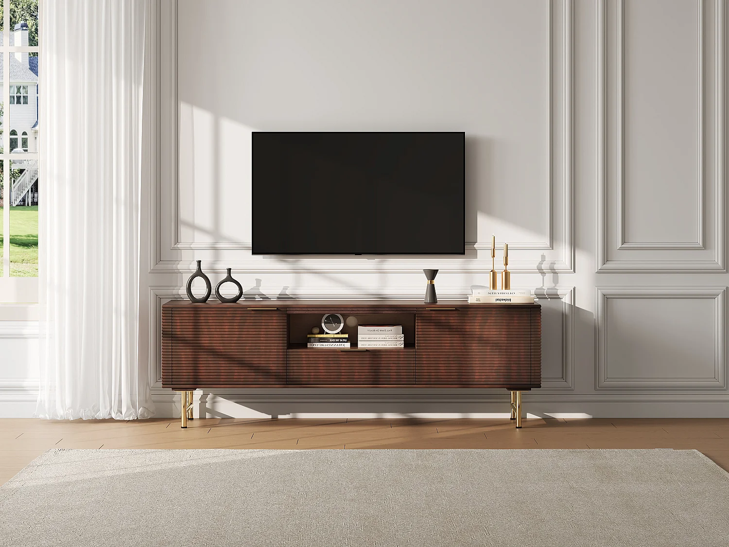 Meuble TV 2 portes, 1 tiroir et 1 niche en bois de manguier et métal doré - Naturel foncé - SORDANA de Maison Céphy