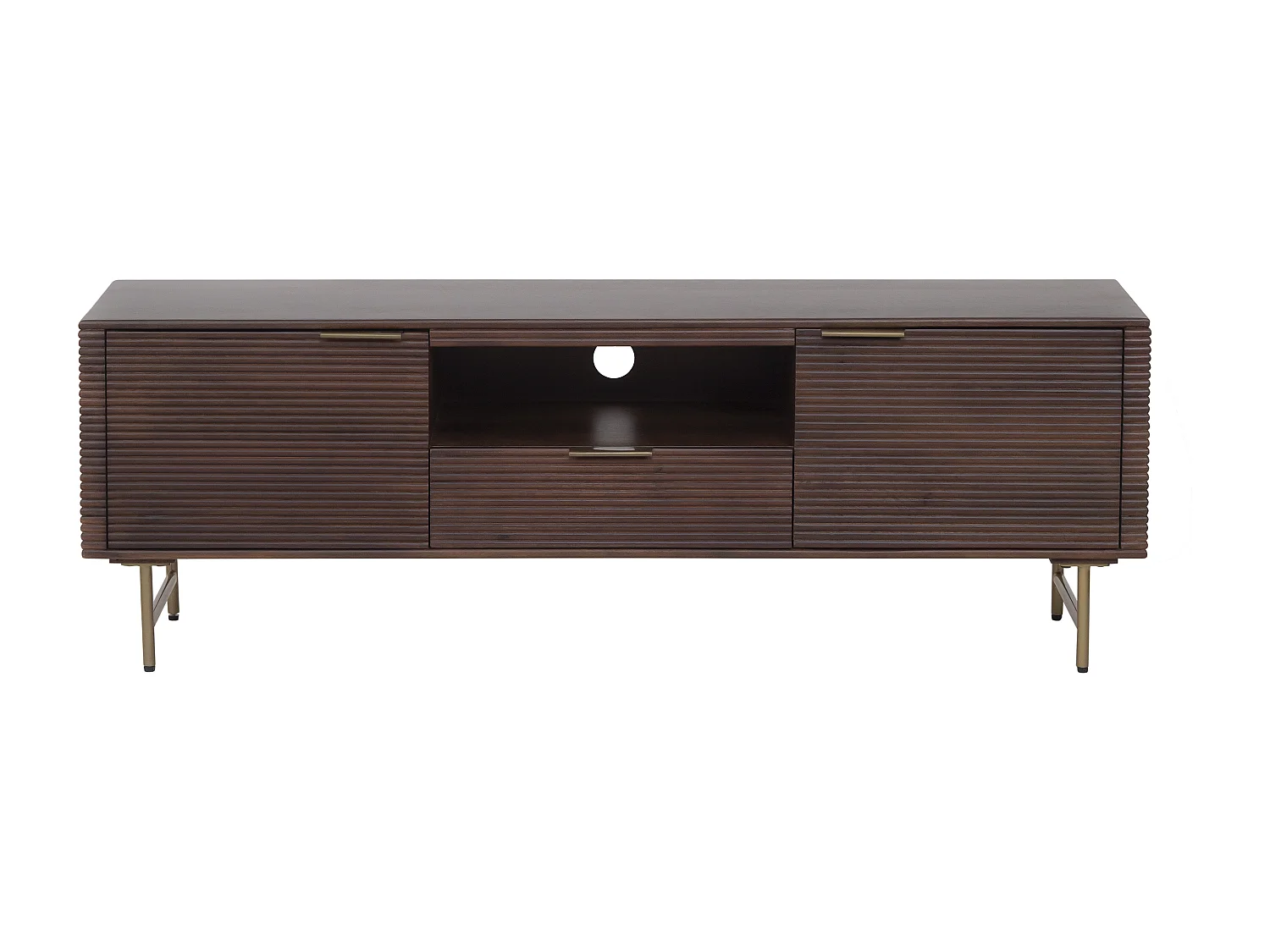 Meuble TV 2 portes, 1 tiroir et 1 niche en bois de manguier et métal doré - Naturel foncé - SORDANA de Maison Céphy