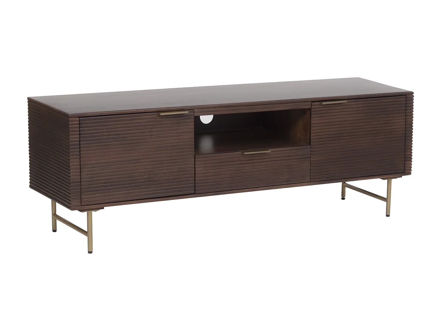 Meuble TV 2 portes, 1 tiroir et 1 niche en bois de manguier et métal doré - Naturel foncé - SORDANA de Maison Céphy