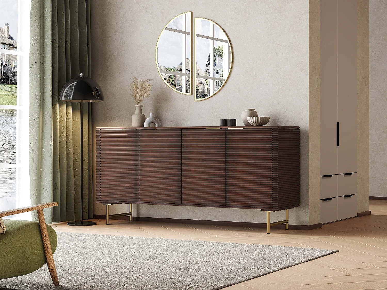 Buffet avec 4 portes en bois de manguier et métal doré - Naturel foncé - SORDANA de Maison Céphy