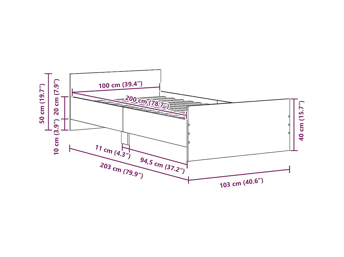 Letto per adulti | Letto singolo | Giroletto senza Materasso Rovere Nero 100x200 cm in Truciolato