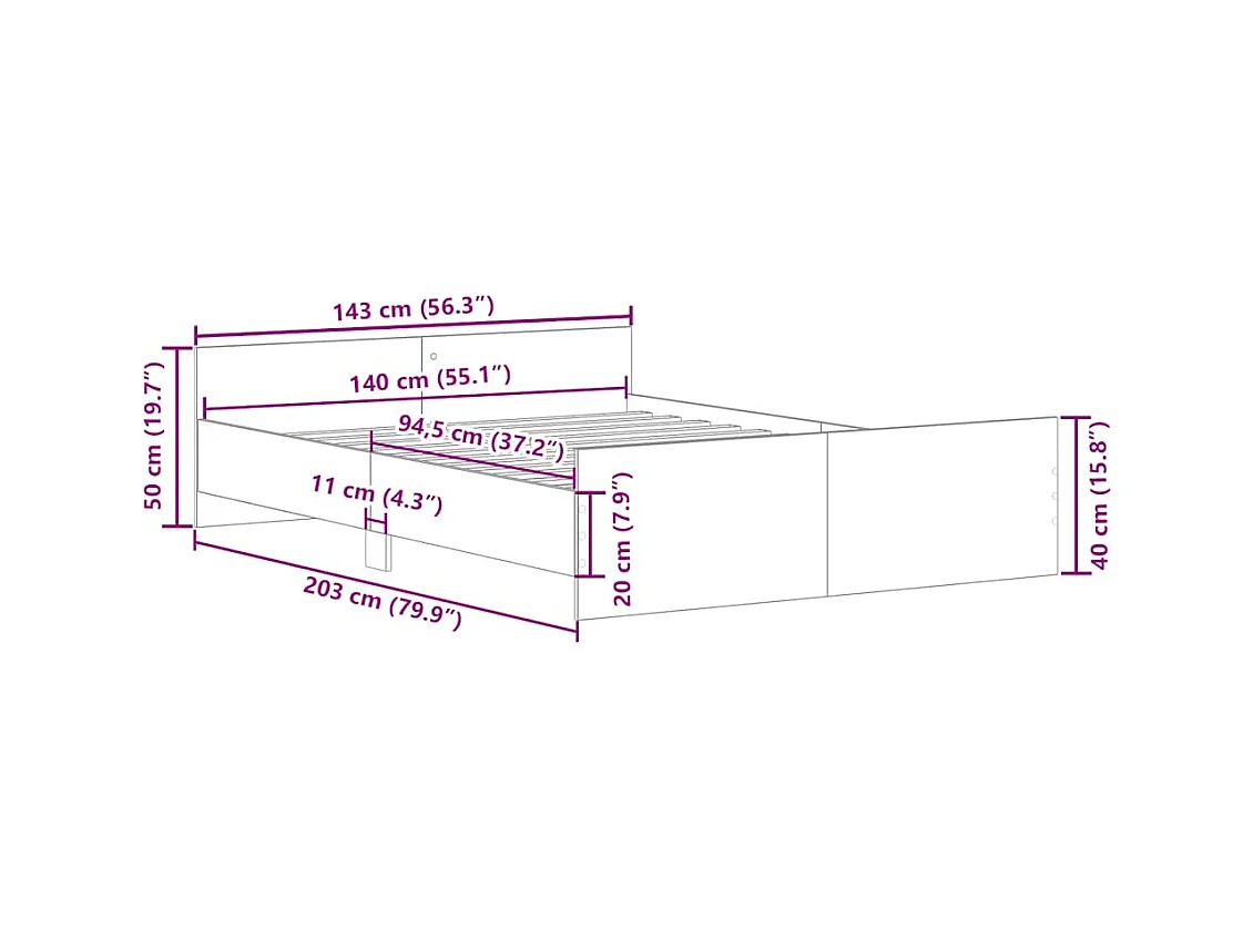Lit double | Lit adulte | Cadre de lit gris béton 140x200 cm