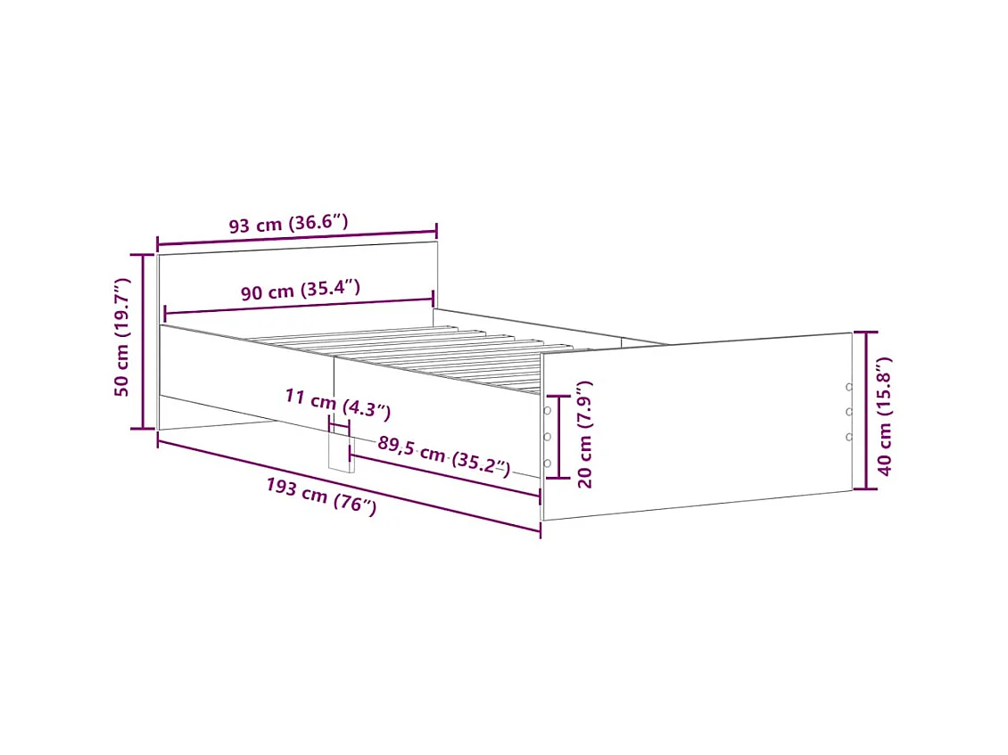 Letto per adulti | Letto singolo | Giroletto senza Materasso Legno Antico 90x190cm in Truciolato