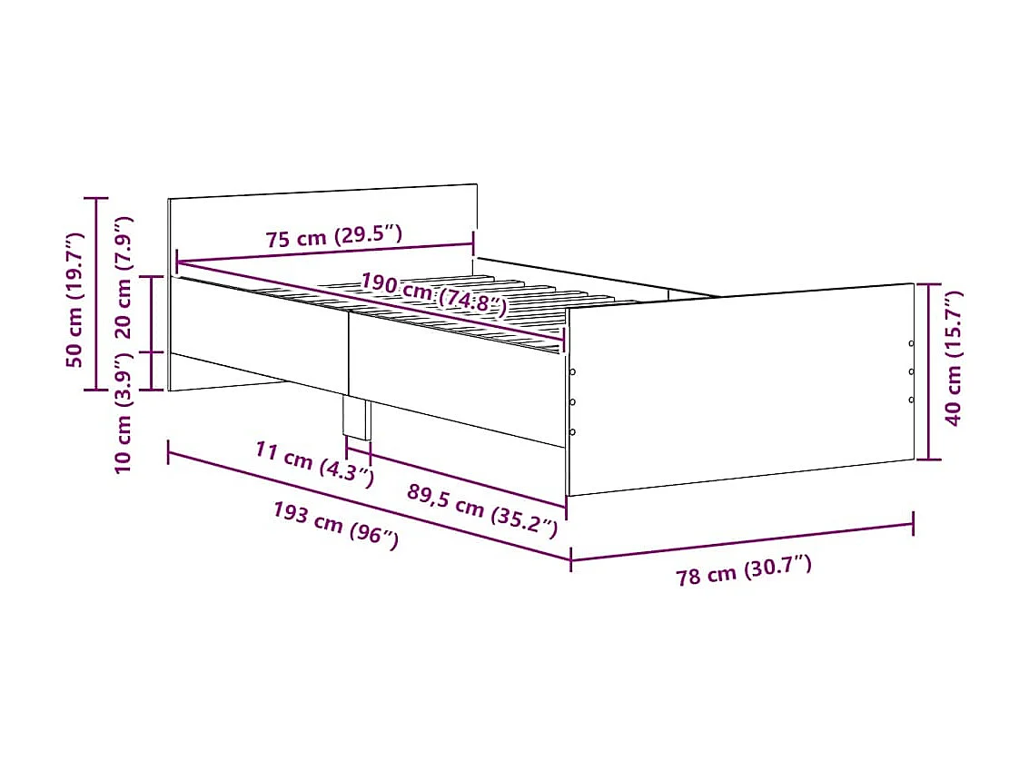 Lit simple | Lit adulte, enfant | Cadre de lit vieux bois 75x190 cm bois ingénierie