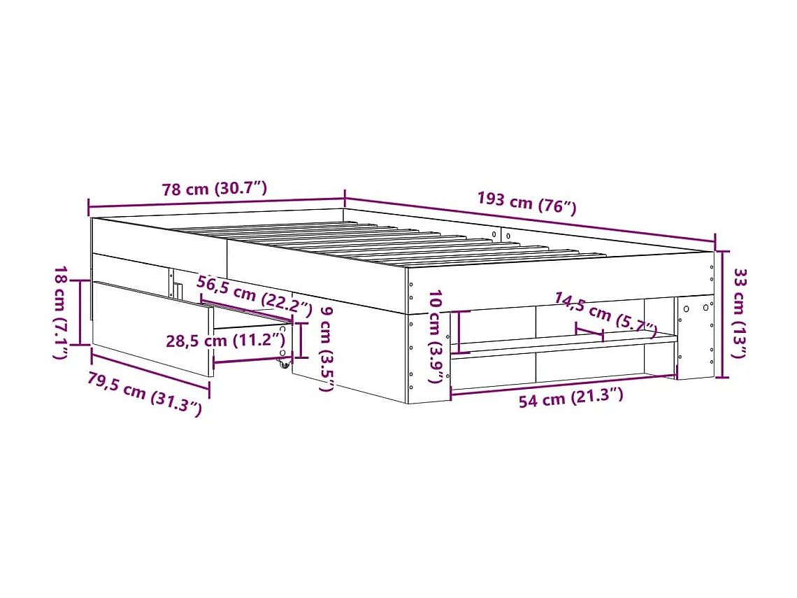 Letto per adulti | Letto singolo | Giroletto Grigio Cemento 75x190 cm in Legno Multistrato